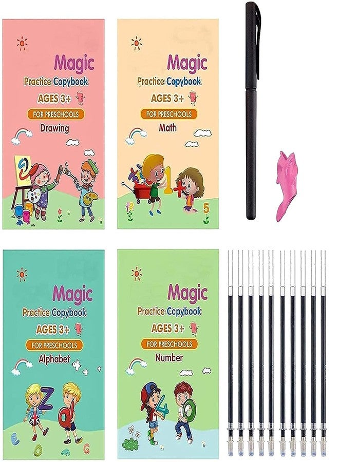 PRIMEFAIR Magic Practice Copybook, 4 Book 10 Refill 1 Pen 1 Grip Number Tracing Book for Preschoolers with Pen, Magic Calligraphy Copybook Set Practical Reusable Writing Tool - Image 1